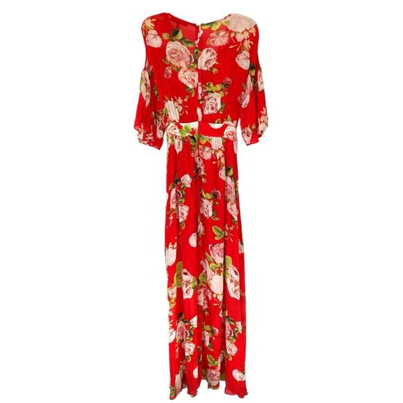 BcbgMaxazria Red Floral Maxi Dress Faux Wrap size large Flowers Tropical - Picture 11 of 13